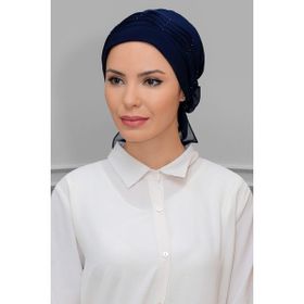 Hürrem Bone 1805_02 Lacivert Sandy Kumaş İncili Pileli Nervürlü Güllü Pratik Hazır Geçmeli Tesettür Bone