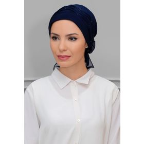 Hürrem Bone 1805_02 Lacivert Sandy Kumaş İncili Pileli Nervürlü Güllü Pratik Hazır Geçmeli Tesettür Bone