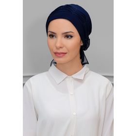 Hürrem Bone 1805_02 Lacivert Sandy Kumaş İncili Pileli Nervürlü Güllü Pratik Hazır Geçmeli Tesettür Bone