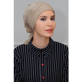 Hürrem Bone 1805_12 Bej Sandy Kumaş İncili Pileli Nervürlü Güllü Pratik Hazır Geçmeli Tesettür Bone