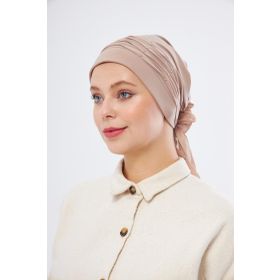 Hürrem Bone 1805_12 Bej Sandy Kumaş İncili Pileli Nervürlü Güllü Pratik Hazır Geçmeli Tesettür Bone