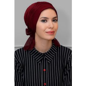 Hürrem Bone 1805_16 Bordo Sandy Kumaş İncili Pileli Nervürlü Güllü Pratik Hazır Geçmeli Tesettür Bone