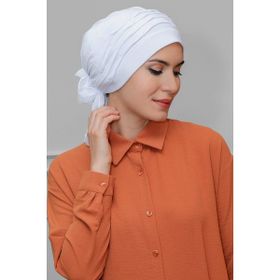 Hürrem Bone 1805_42 Beyaz Sandy Kumaş İncili Pileli Nervürlü Güllü Pratik Hazır Geçmeli Tesettür Bone