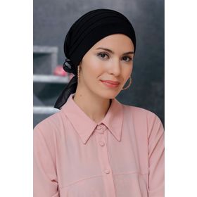 Hürrem Bone 1806_01 Siyah Sandy Kumaş Pileli Nervürlü Güllü Pratik Hazır Geçmeli Tesettür Bone