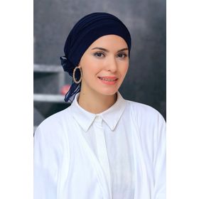Hürrem Bone 1806_02 Lacivert Sandy Kumaş Pileli Nervürlü Güllü Pratik Hazır Geçmeli Tesettür Bone