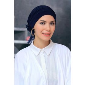 Hürrem Bone 1806_02 Lacivert Sandy Kumaş Pileli Nervürlü Güllü Pratik Hazır Geçmeli Tesettür Bone