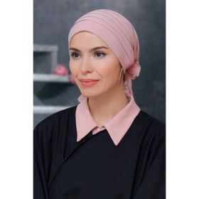 Hürrem Bone 1806_06 Pudra Sandy Kumaş Pileli Nervürlü Güllü Pratik Hazır Geçmeli Tesettür Bone