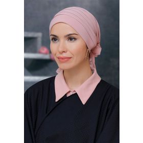 Hürrem Bone 1806_06 Pudra Sandy Kumaş Pileli Nervürlü Güllü Pratik Hazır Geçmeli Tesettür Bone