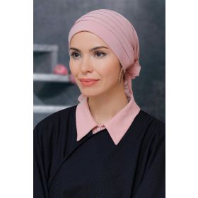 Hürrem Bone 1806_06 Pudra Sandy Kumaş Pileli Nervürlü Güllü Pratik Hazır Geçmeli Tesettür Bone