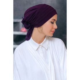 Hürrem Bone 1806_07 Mürdüm Sandy Kumaş Pileli Nervürlü Güllü Pratik Hazır Geçmeli Tesettür Bone
