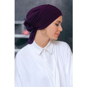 Hürrem Bone 1806_07 Mürdüm Sandy Kumaş Pileli Nervürlü Güllü Pratik Hazır Geçmeli Tesettür Bone