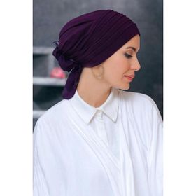 Hürrem Bone 1806_07 Mürdüm Sandy Kumaş Pileli Nervürlü Güllü Pratik Hazır Geçmeli Tesettür Bone