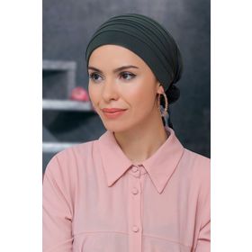 Hürrem Bone 1806_09 Haki Sandy Kumaş Pileli Nervürlü Güllü Pratik Hazır Geçmeli Tesettür Bone
