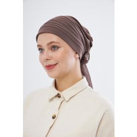 Hürrem Bone 1806_10 Vizon Sandy Kumaş Pileli Nervürlü Güllü Pratik Hazır Geçmeli Tesettür Bone