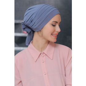 Hürrem Bone 1806_15 Gri Sandy Kumaş Pileli Nervürlü Güllü Pratik Hazır Geçmeli Tesettür Bone