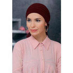 Hürrem Bone 1806_16 Bordo Sandy Kumaş Pileli Nervürlü Güllü Pratik Hazır Geçmeli Tesettür Bone