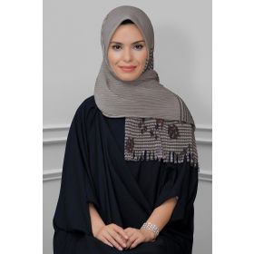 Hürrem Bone 1818D1-10 Vizon Kesik Elyaf Piliseli Çiçek Desenli Geçmeli Eşarp