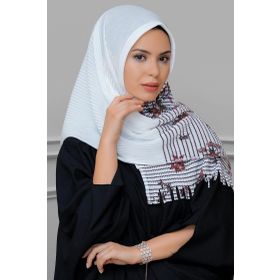 Hürrem Bone 1818D1-40 Krem Kesik Elyaf Piliseli Çiçek Desenli Geçmeli Eşarp