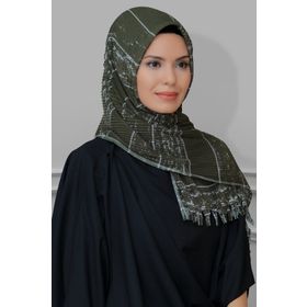 Hürrem Bone 1818D2-09 Haki Kesik Elyaf Piliseli Çizgili Desenli Geçmeli Eşarp