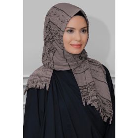 Hürrem Bone 1818D2-10 Vizon Kesik Elyaf Piliseli Çizgili Desenli Geçmeli Eşarp