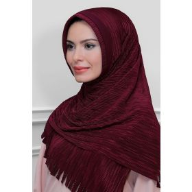Hürrem Bone 1820-16 Bordo Fukuro Piliseli Saçaklı Lazer Kesim Geçmeli Eşarp