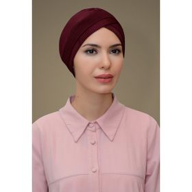 Hürrem Bone 1821_16 Bordo Fukuro Piliseli Tek Bantlı Çapraz Büzgülü Pratik Hazır Geçmeli Tesettür Bone