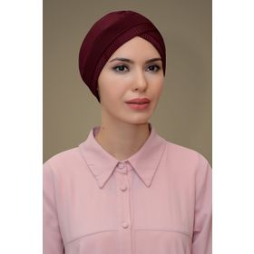 Hürrem Bone 1821_16 Bordo Fukuro Piliseli Tek Bantlı Çapraz Büzgülü Pratik Hazır Geçmeli Tesettür Bone