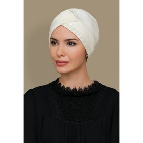 Hürrem Bone 1821_40 Krem Fukuro Piliseli Tek Bantlı Çapraz Büzgülü Pratik Hazır Geçmeli Tesettür Bone