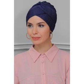 Hürrem Bone 1822_02 Lacivert Fukuro Piliseli Çapraz Büzgülü Pratik Hazır Geçmeli Tesettür Bone