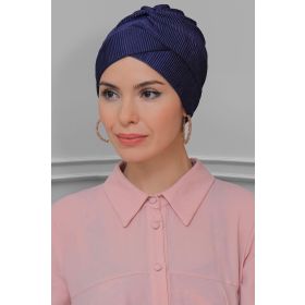 Hürrem Bone 1822_02 Lacivert Fukuro Piliseli Çapraz Büzgülü Pratik Hazır Geçmeli Tesettür Bone