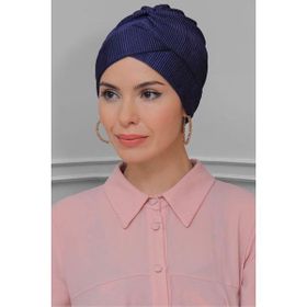 Hürrem Bone 1822_02 Lacivert Fukuro Piliseli Çapraz Büzgülü Pratik Hazır Geçmeli Tesettür Bone