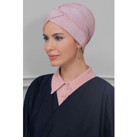 Hürrem Bone 1822_06 Pudra Fukuro Piliseli Çapraz Büzgülü Pratik Hazır Geçmeli Tesettür Bone