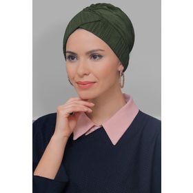 Hürrem Bone 1822_09 Haki Fukuro Piliseli Çapraz Büzgülü Pratik Hazır Geçmeli Tesettür Bone