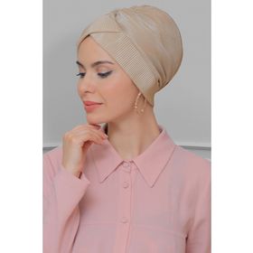 Hürrem Bone 1822_12 Bej Fukuro Piliseli Çapraz Büzgülü Pratik Hazır Geçmeli Tesettür Bone