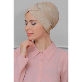 Hürrem Bone 1822_12 Bej Fukuro Piliseli Çapraz Büzgülü Pratik Hazır Geçmeli Tesettür Bone