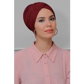Hürrem Bone 1822_16 Bordo Fukuro Piliseli Çapraz Büzgülü Pratik Hazır Geçmeli Tesettür Bone