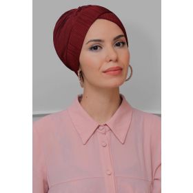 Hürrem Bone 1822_16 Bordo Fukuro Piliseli Çapraz Büzgülü Pratik Hazır Geçmeli Tesettür Bone