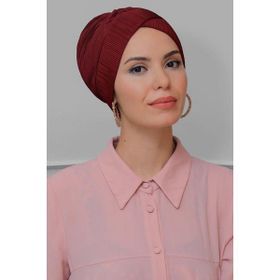 Hürrem Bone 1822_16 Bordo Fukuro Piliseli Çapraz Büzgülü Pratik Hazır Geçmeli Tesettür Bone