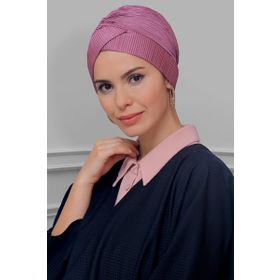 Hürrem Bone 1822_18 Gül Kurusu Fukuro Piliseli Çapraz Büzgülü Pratik Hazır Geçmeli Tesettür Bone
