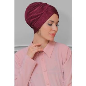 Hürrem Bone 1822_20 Fuşya Fukuro Piliseli Çapraz Büzgülü Pratik Hazır Geçmeli Tesettür Bone
