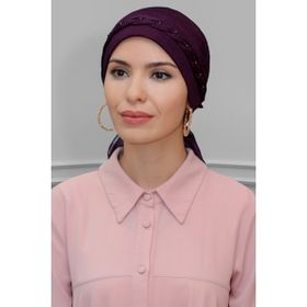 Hürrem Bone 1823_07 Mürdüm Fukuro Piliseli Örgülü Güllü Pratik Hazır Geçmeli Tesettür Bone