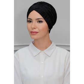 Hürrem Bone 1824_01 Siyah Fukuro Piliseli Tek Çapraz Büzgülü Pratik Hazır Geçmeli Tesettür Bone