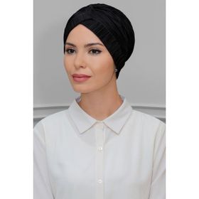 Hürrem Bone 1824_01 Siyah Fukuro Piliseli Tek Çapraz Büzgülü Pratik Hazır Geçmeli Tesettür Bone