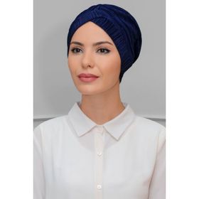 Hürrem Bone 1824_02 Lacivert Fukuro Piliseli Tek Çapraz Büzgülü Pratik Hazır Geçmeli Tesettür Bone