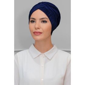 Hürrem Bone 1824_02 Lacivert Fukuro Piliseli Tek Çapraz Büzgülü Pratik Hazır Geçmeli Tesettür Bone
