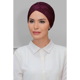 Hürrem Bone 1824_07 Mürdüm Fukuro Piliseli Tek Çapraz Büzgülü Pratik Hazır Geçmeli Tesettür Bone