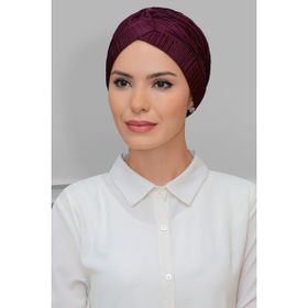 Hürrem Bone 1824_07 Mürdüm Fukuro Piliseli Tek Çapraz Büzgülü Pratik Hazır Geçmeli Tesettür Bone