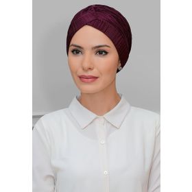 Hürrem Bone 1824_07 Mürdüm Fukuro Piliseli Tek Çapraz Büzgülü Pratik Hazır Geçmeli Tesettür Bone