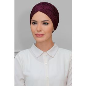 Hürrem Bone 1824_07 Mürdüm Fukuro Piliseli Tek Çapraz Büzgülü Pratik Hazır Geçmeli Tesettür Bone