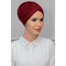 Hürrem Bone 1824_16 Bordo Fukuro Piliseli Tek Çapraz Büzgülü Pratik Hazır Geçmeli Tesettür Bone